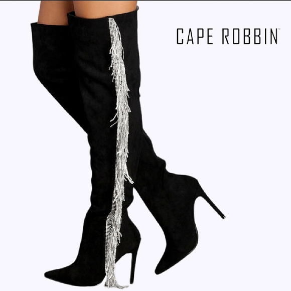 COBIN ROBBINS Blk w/Silver Fringe Rhinestones | Over Knee | Faux Suede Boots NWT - Picture 3 of 9